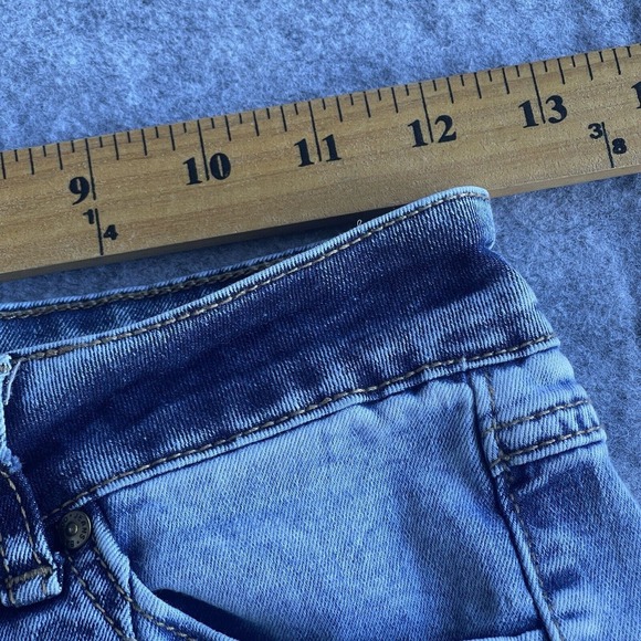 Bamboo Jeans Junior Size 3 Blue Patchwork Flare Raw Hem Front Seam Y2K Boho - Picture 7 of 10